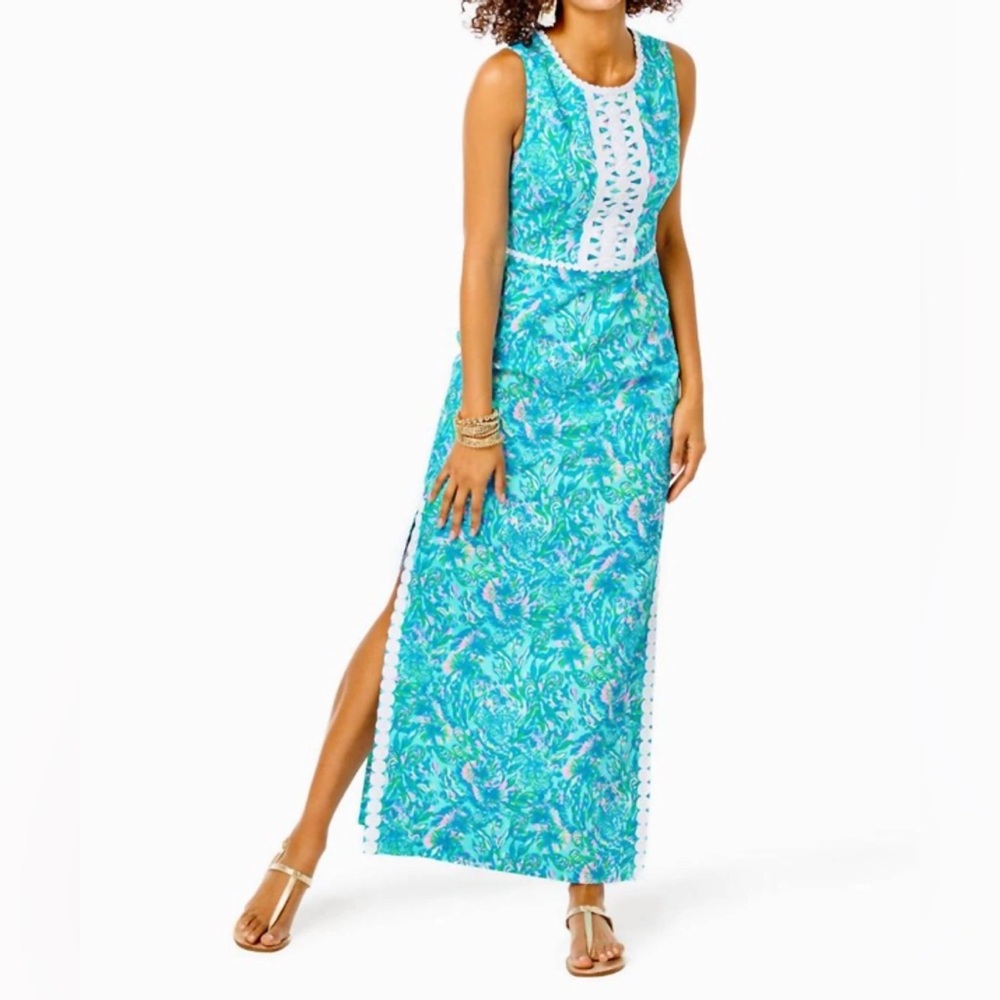 Lilly Pulitzer Ashlee Shift Maxi Dress in Surf Blue Coral New Size 14